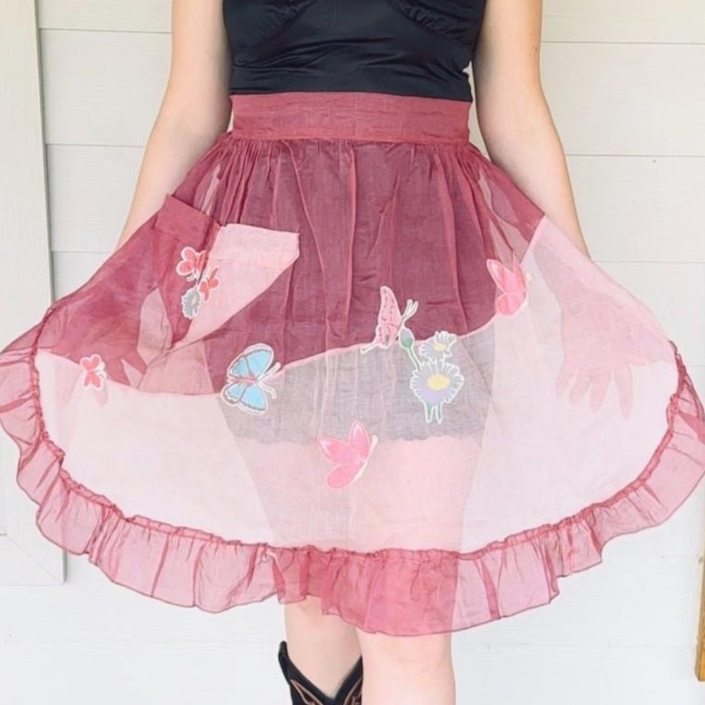 Vintage 1960’s Soft Pink Purple Cotton Apron • Floral Butterly Embroidery